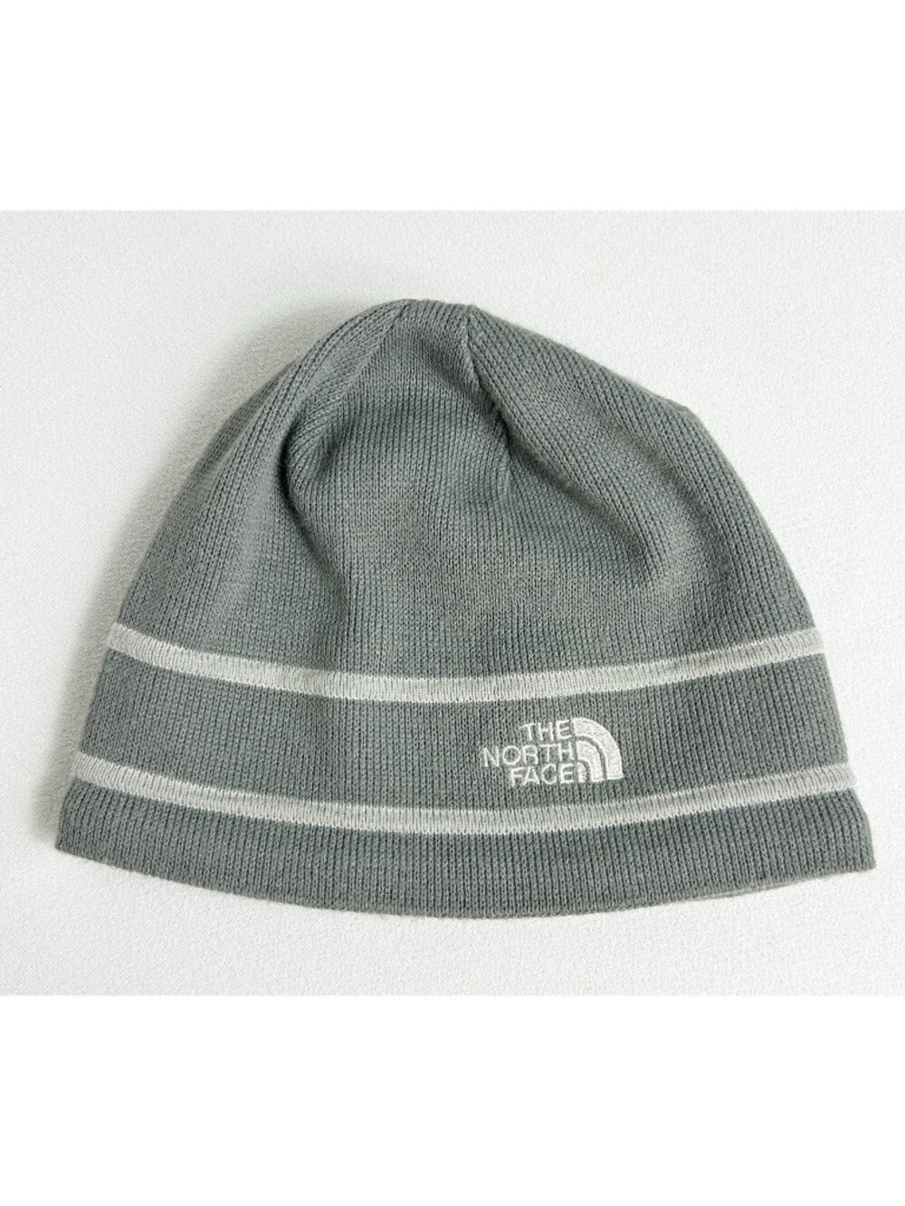 The North Face Gray Striped Logo Beanie Hat Fleece Lined
